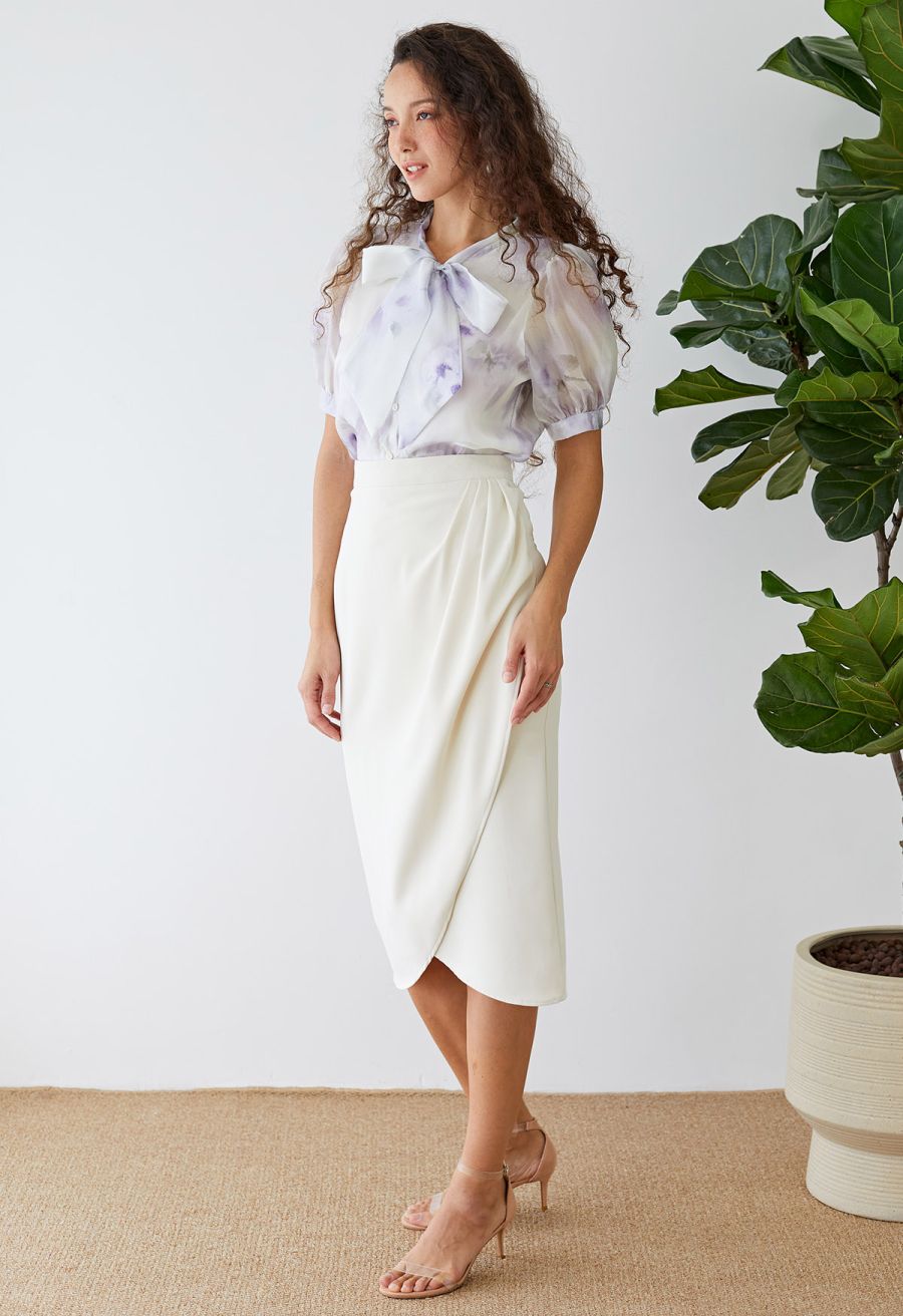 Side Pleated Tulip Midi Skirt in Ivory