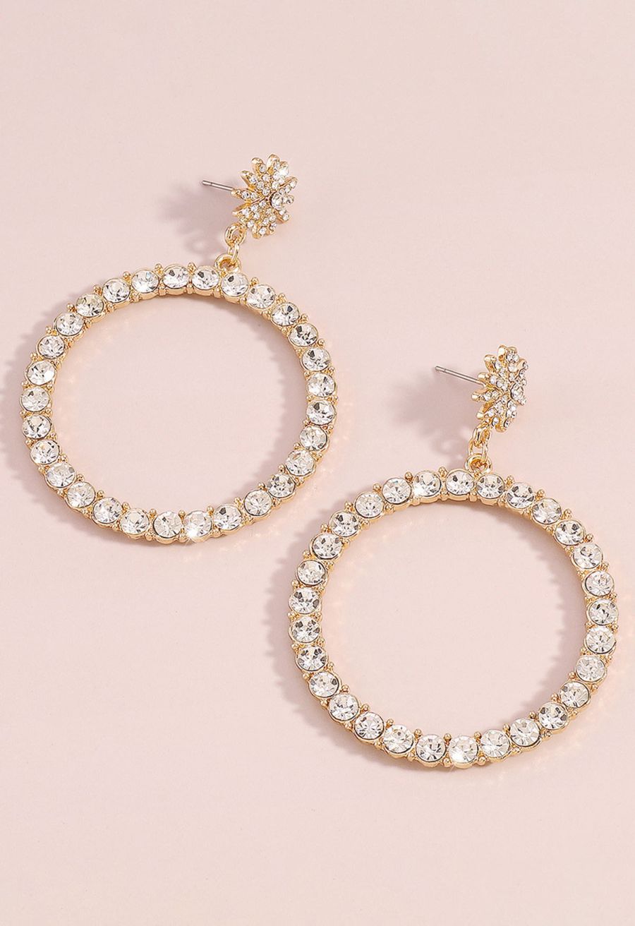 Hollow Out Circle Rhinestone Earrings in Gold