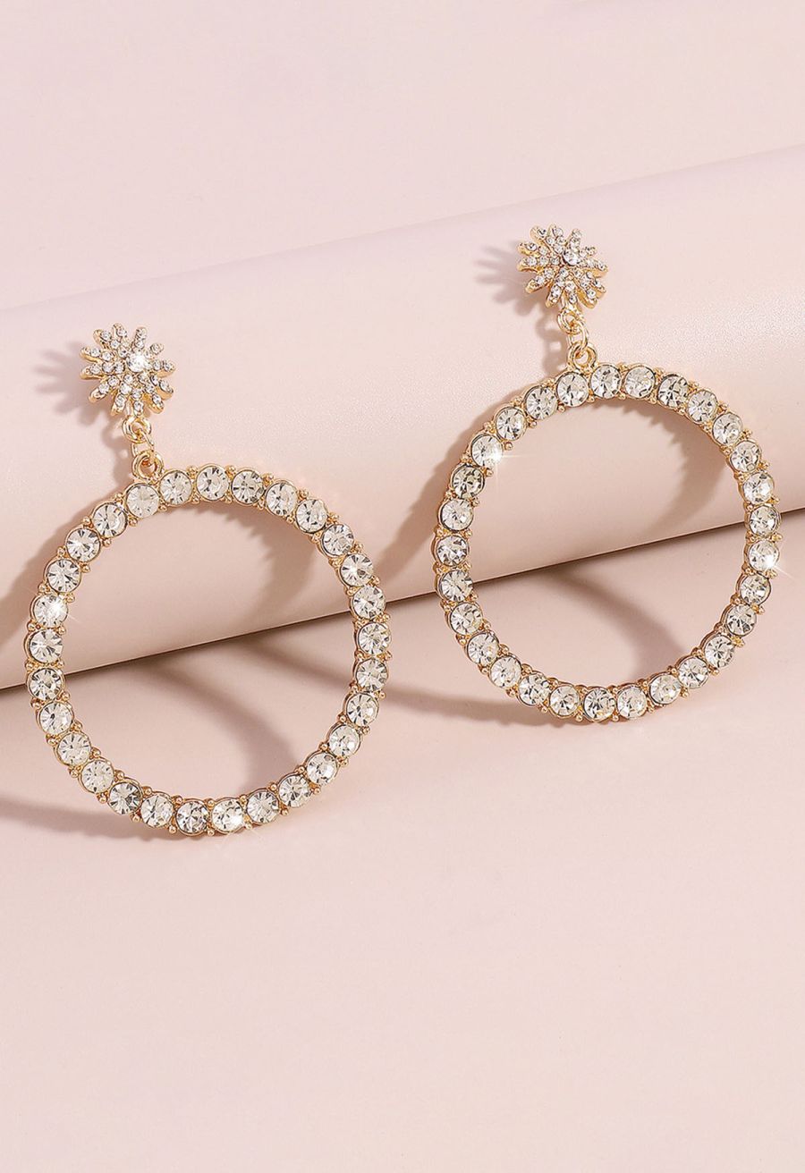 Hollow Out Circle Rhinestone Earrings in Gold