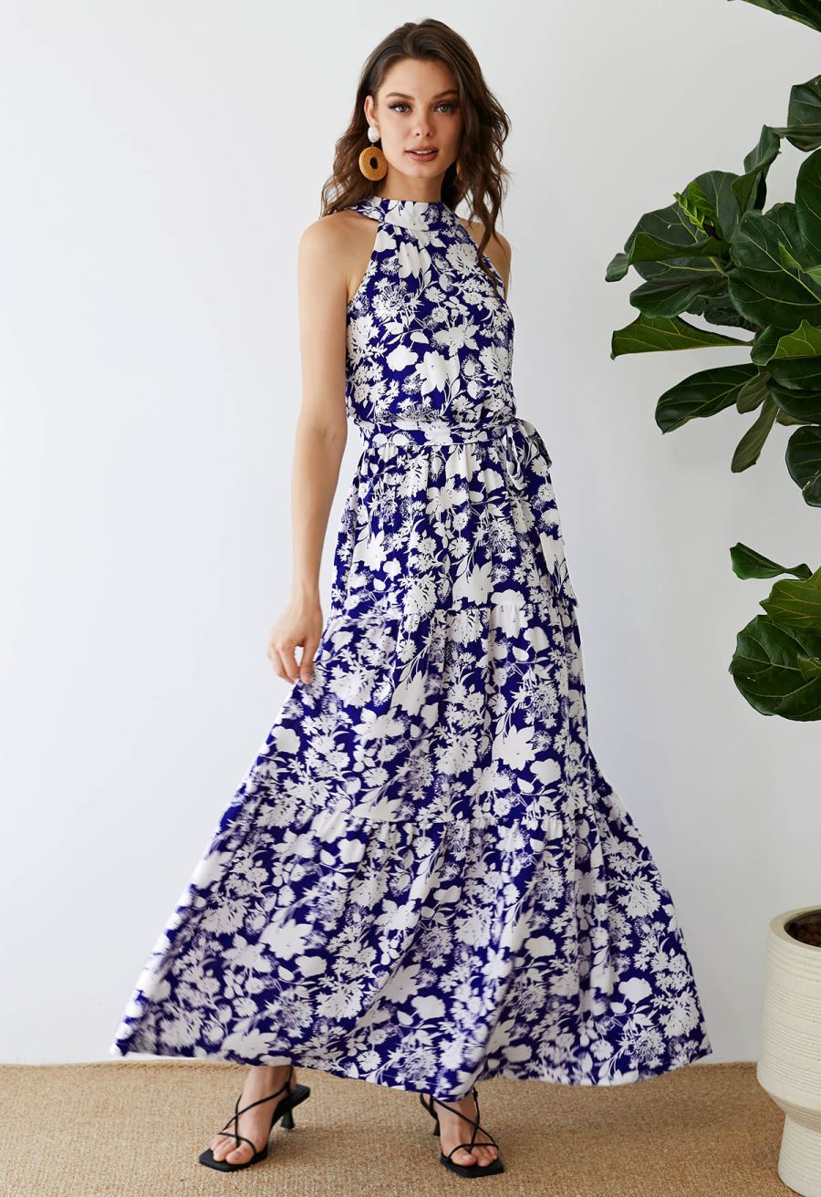 Halter Neck Tie Waist Maxi Dress in Indigo Floral