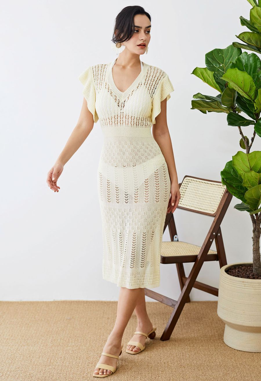 Flutter Sleeves Pointelle Knit Cover Up in Cream