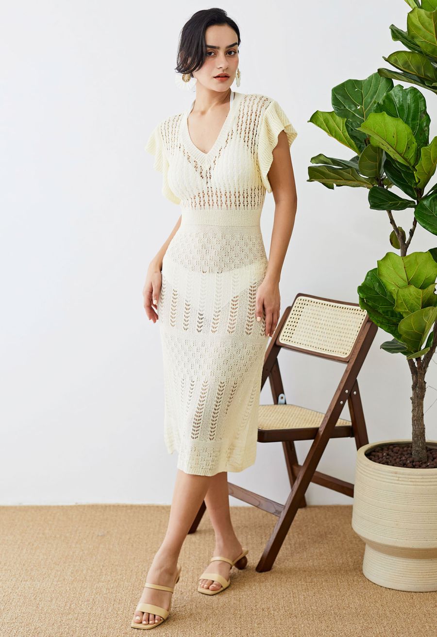Flutter Sleeves Pointelle Knit Cover Up in Cream