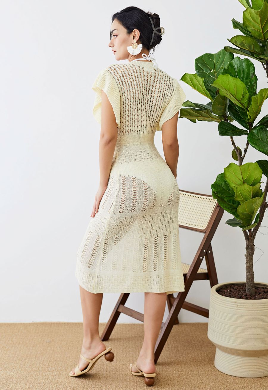 Flutter Sleeves Pointelle Knit Cover Up in Cream