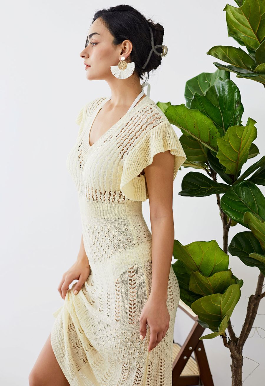 Flutter Sleeves Pointelle Knit Cover Up in Cream