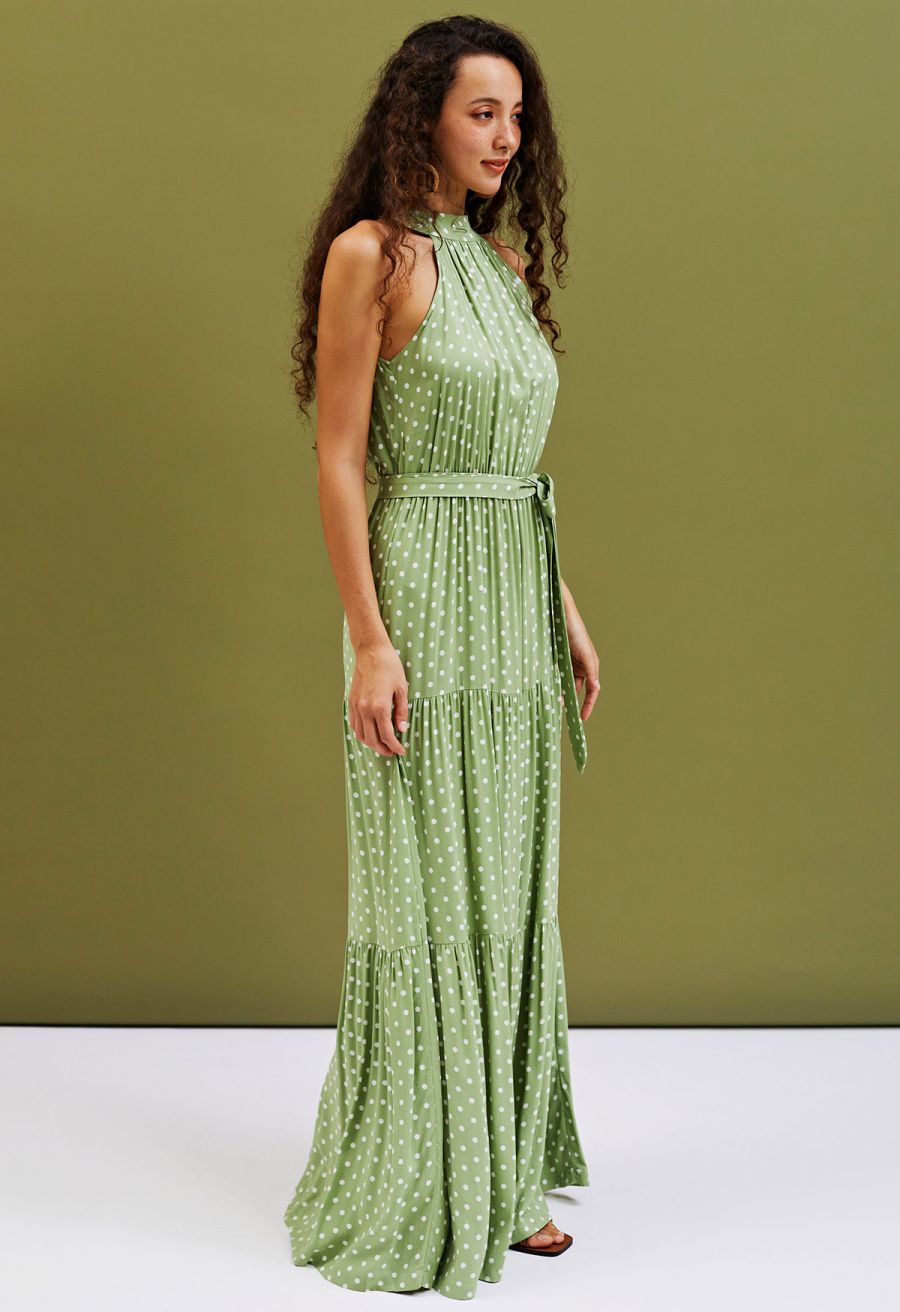 Halter Neck Tie Waist Maxi Dress in Green Dots