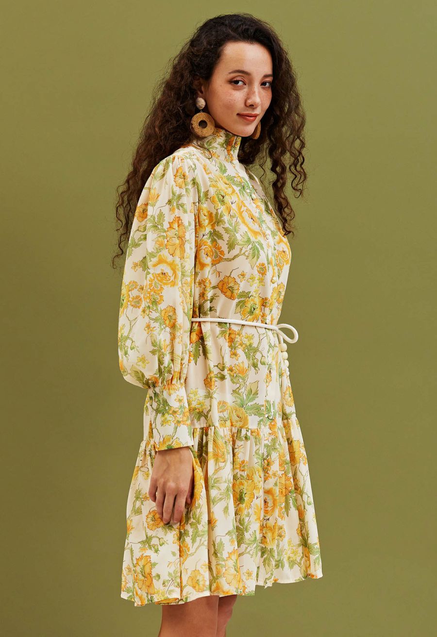 High Neck Orange Floral Printed Dress
