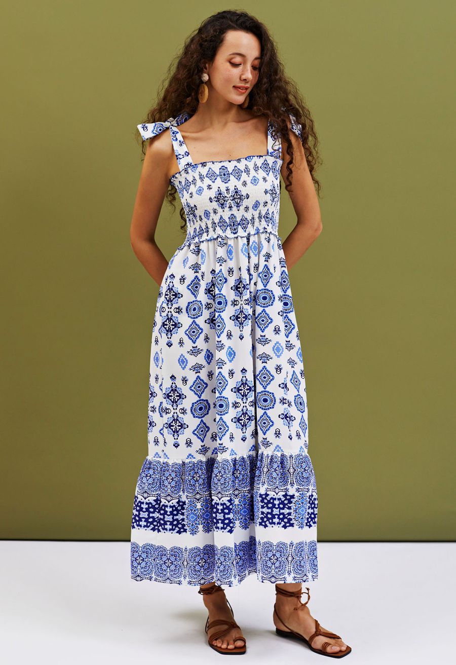Blue Tiles Printed Tie-Strap Maxi Dress