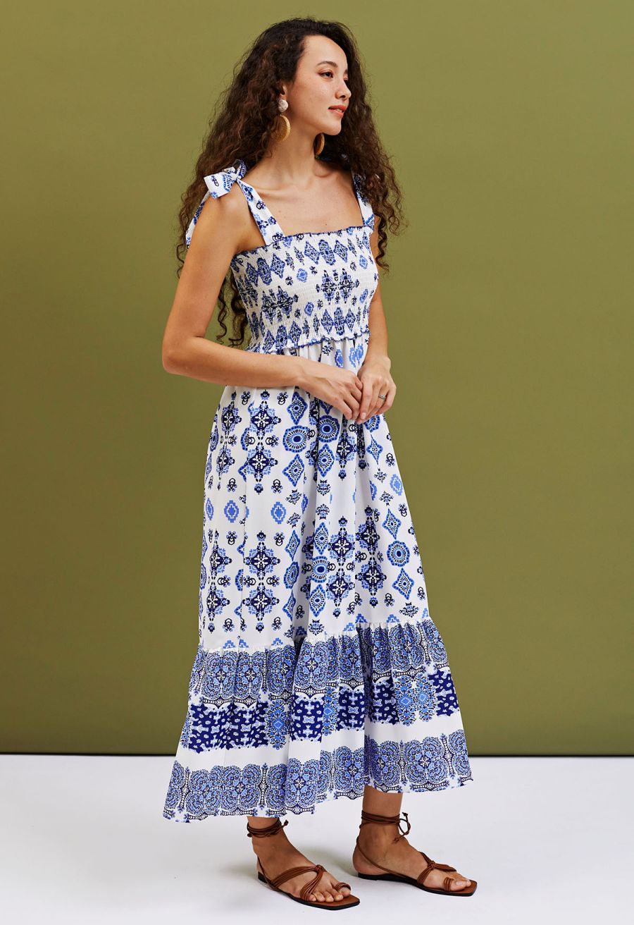 Blue Tiles Printed Tie-Strap Maxi Dress