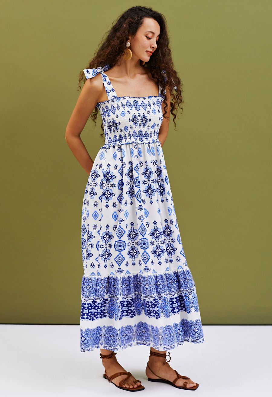 Blue Tiles Printed Tie-Strap Maxi Dress