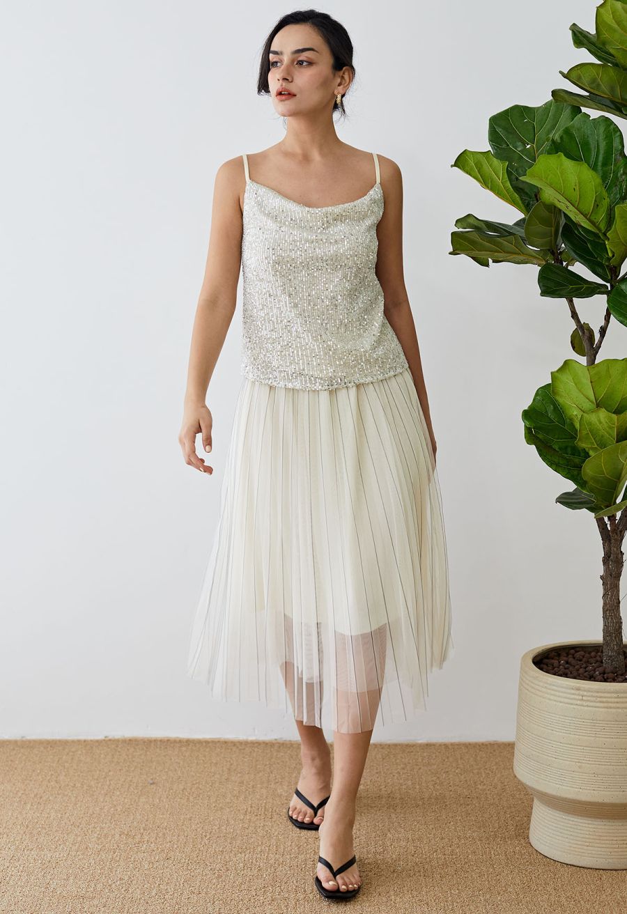 Cowl Neck Sequined Cami Top in Silver