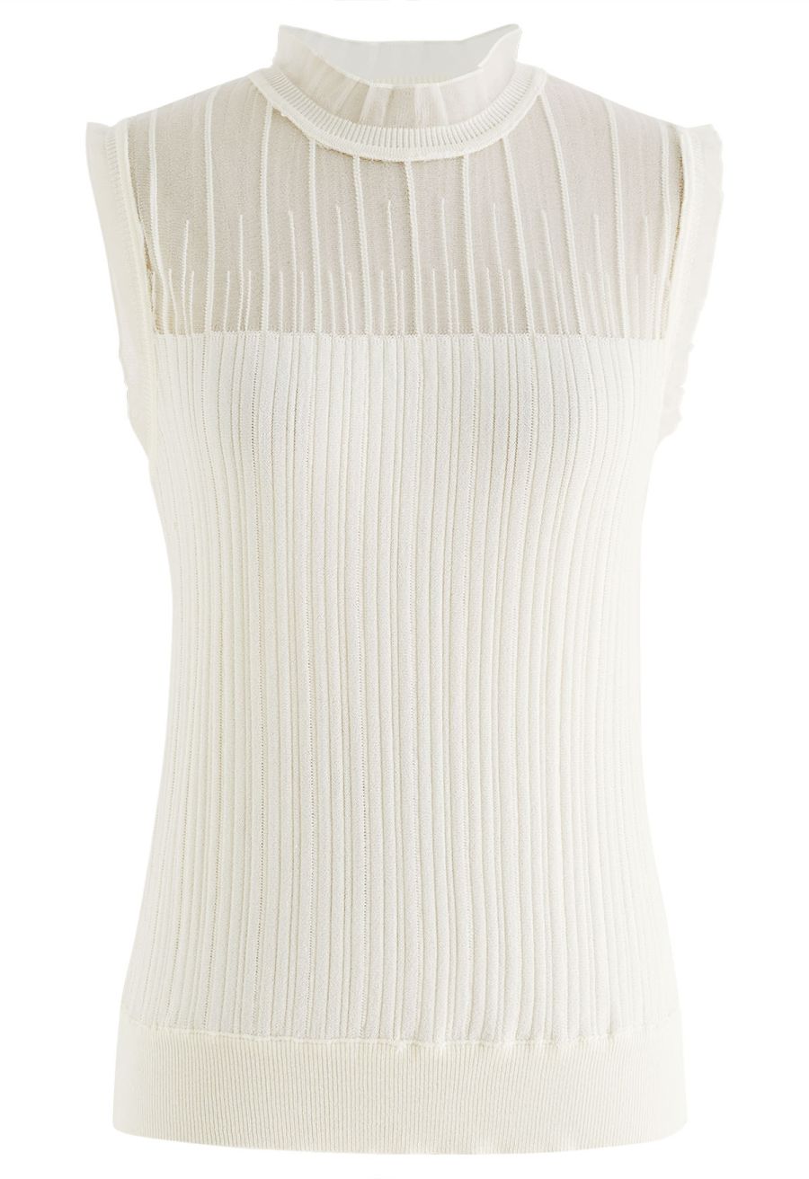 Ruffled Mock Neck Mesh Spliced Knit Top in Ivory
