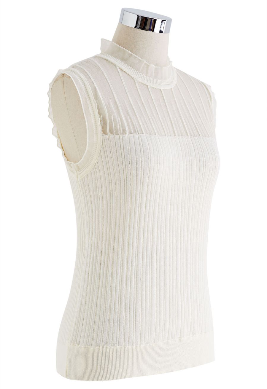 Ruffled Mock Neck Mesh Spliced Knit Top in Ivory
