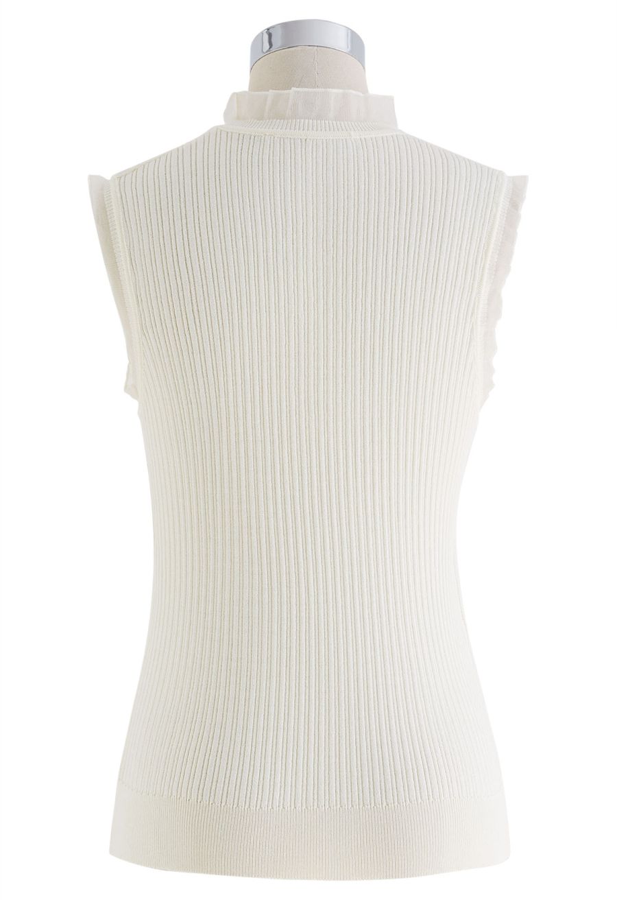Ruffled Mock Neck Mesh Spliced Knit Top in Ivory