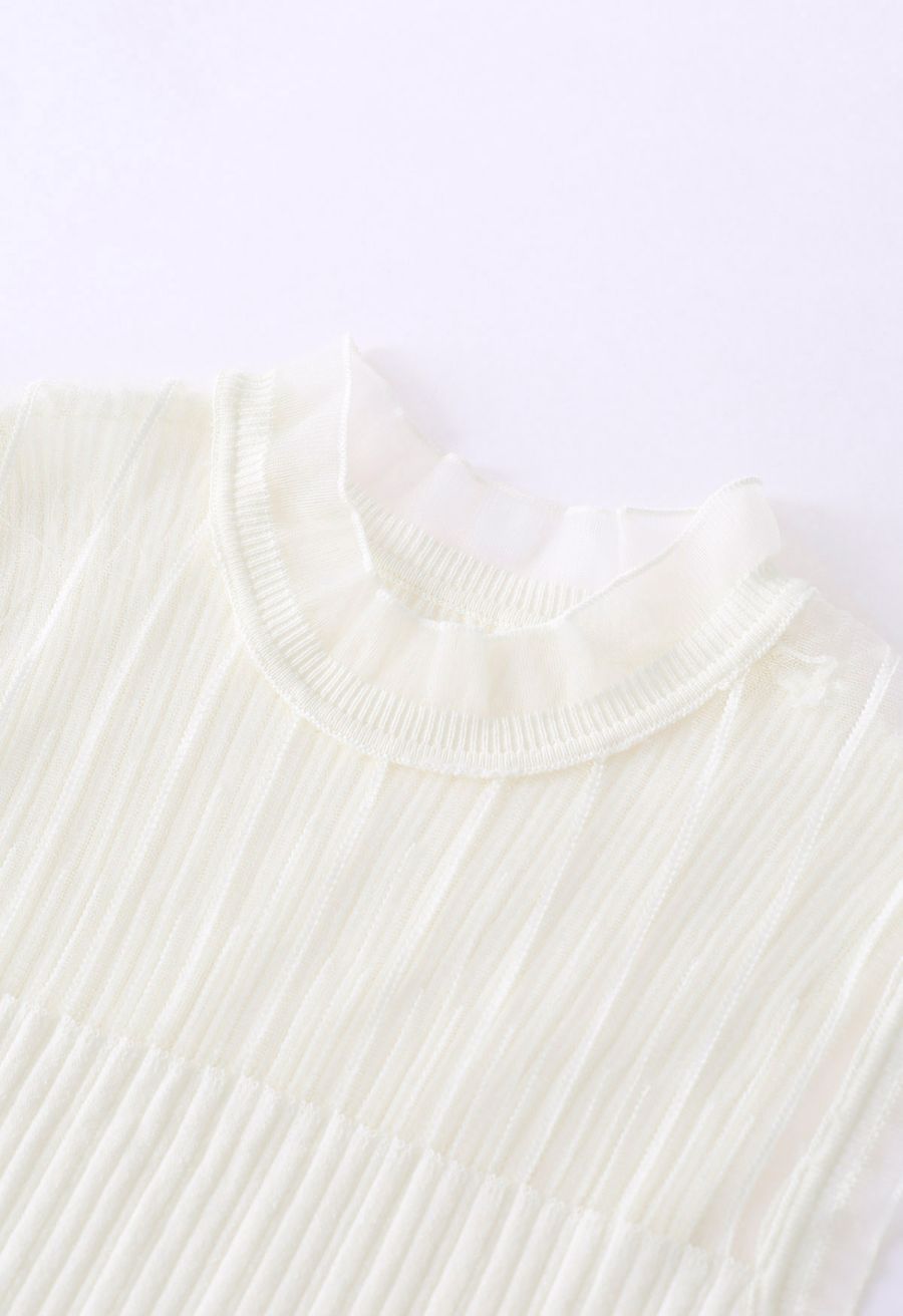 Ruffled Mock Neck Mesh Spliced Knit Top in Ivory
