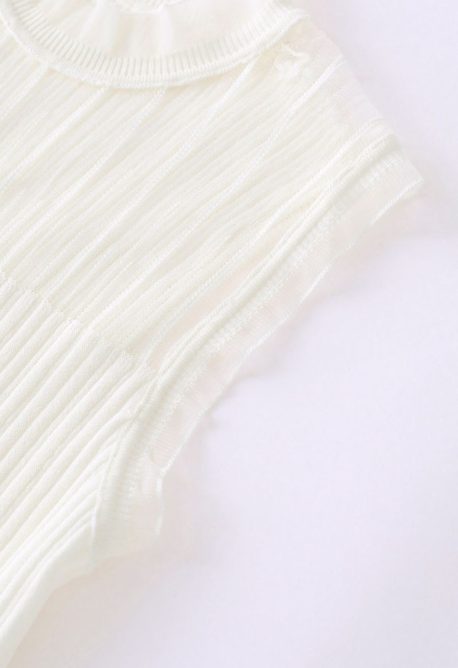 Ruffled Mock Neck Mesh Spliced Knit Top in Ivory
