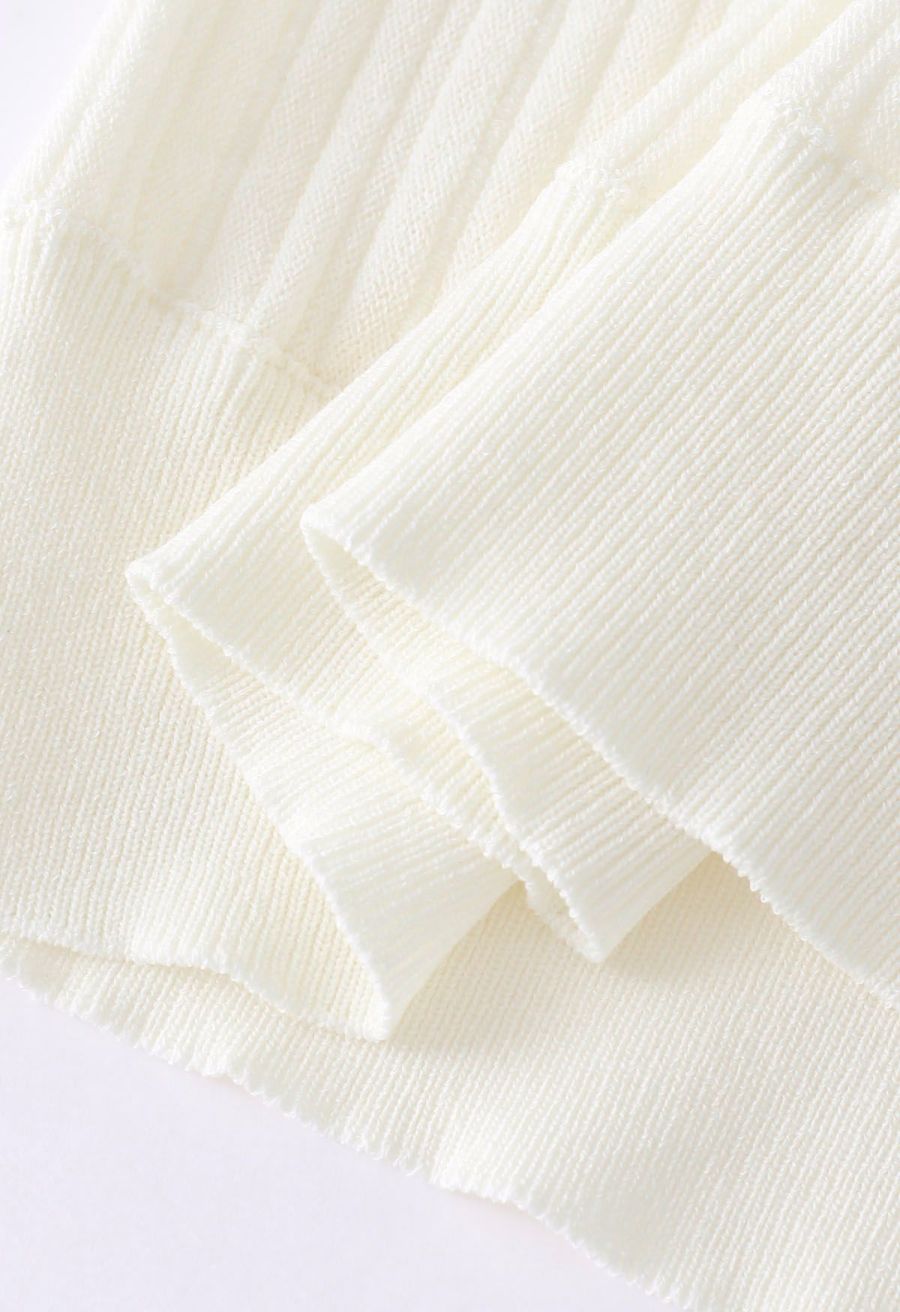 Ruffled Mock Neck Mesh Spliced Knit Top in Ivory