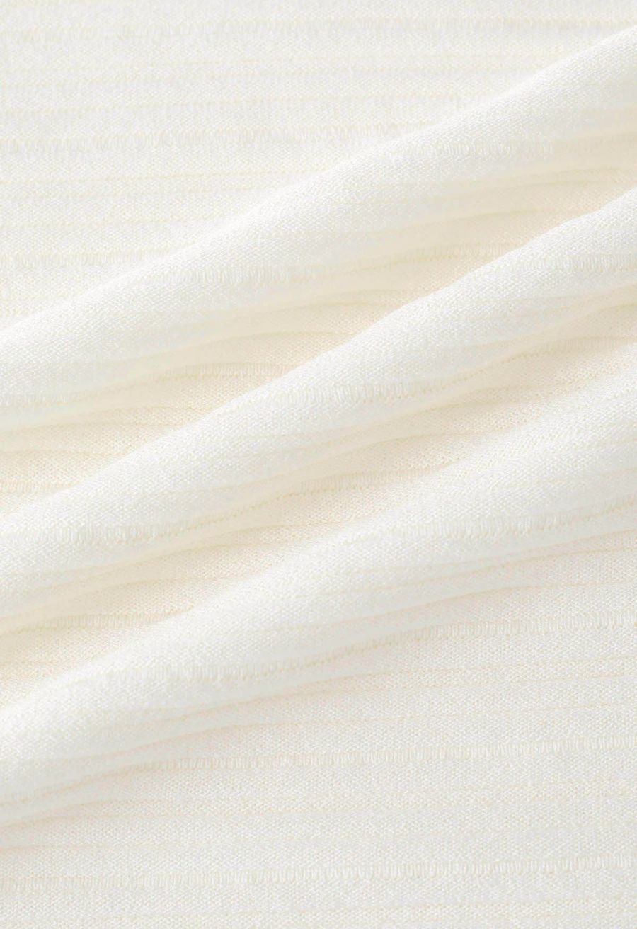 Ruffled Mock Neck Mesh Spliced Knit Top in Ivory