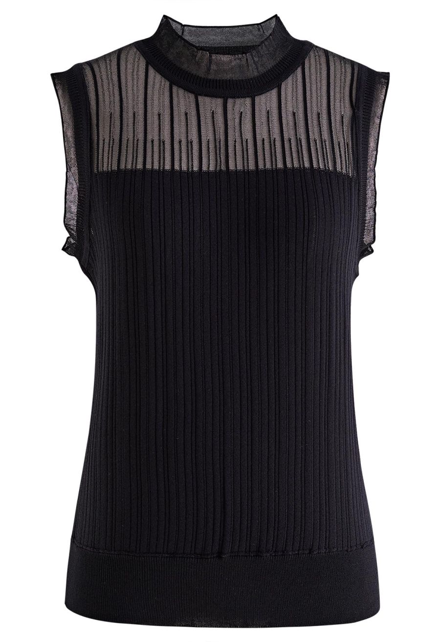Ruffled Mock Neck Mesh Spliced Knit Top in Black