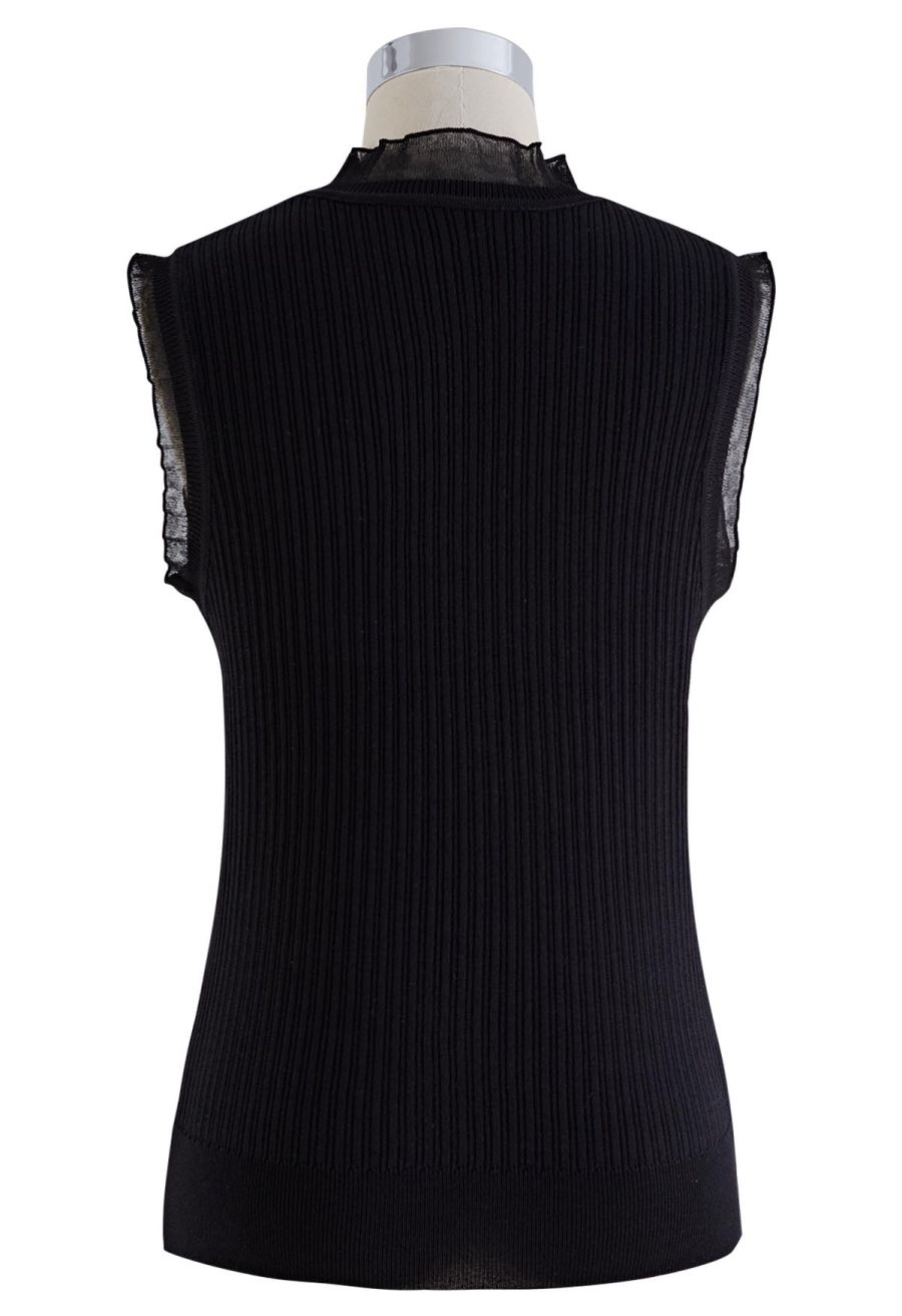 Ruffled Mock Neck Mesh Spliced Knit Top in Black