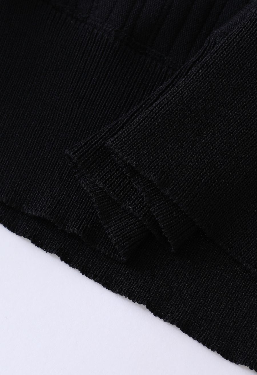 Ruffled Mock Neck Mesh Spliced Knit Top in Black
