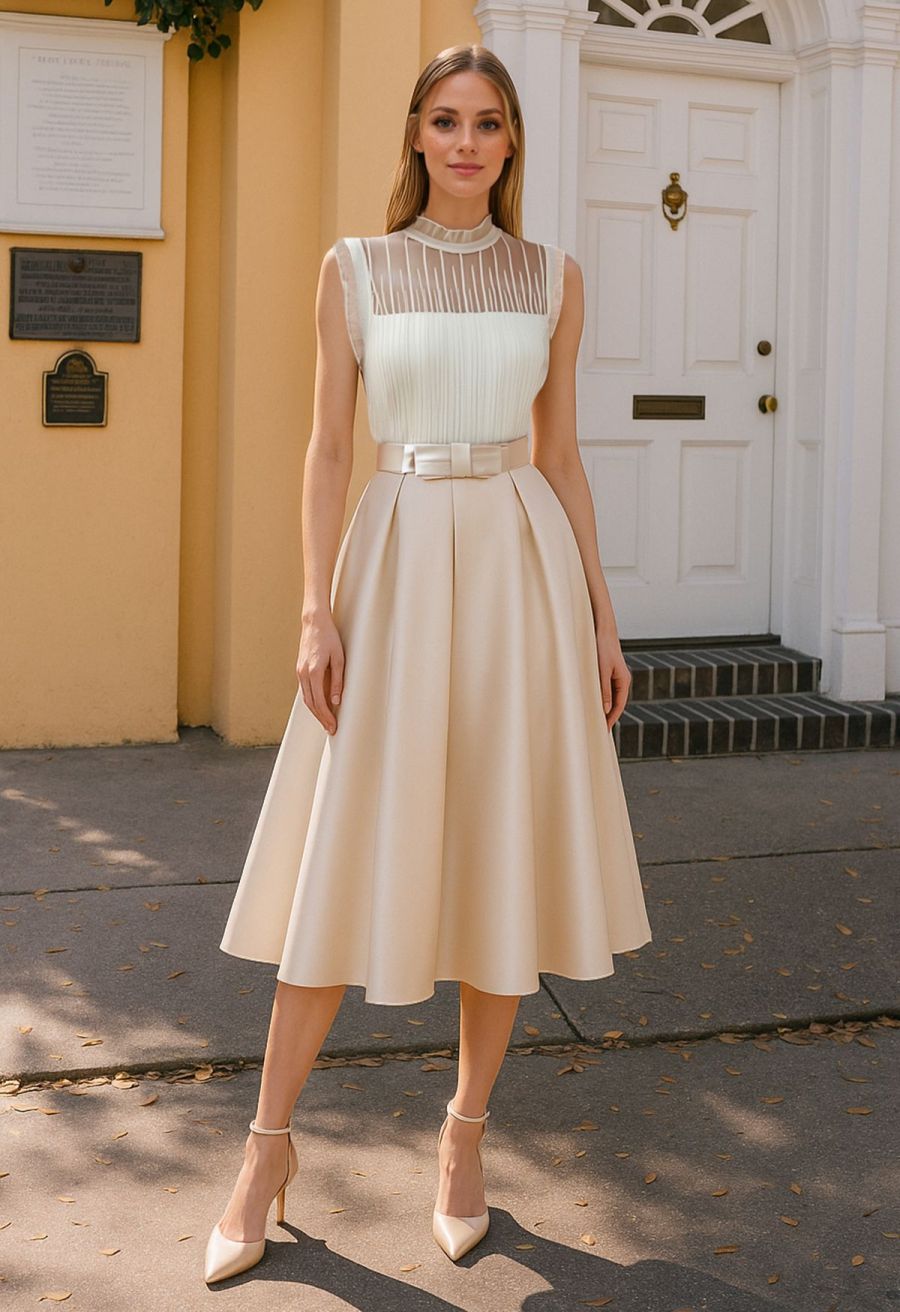 Ruffled Mock Neck Mesh Spliced Knit Top in Ivory