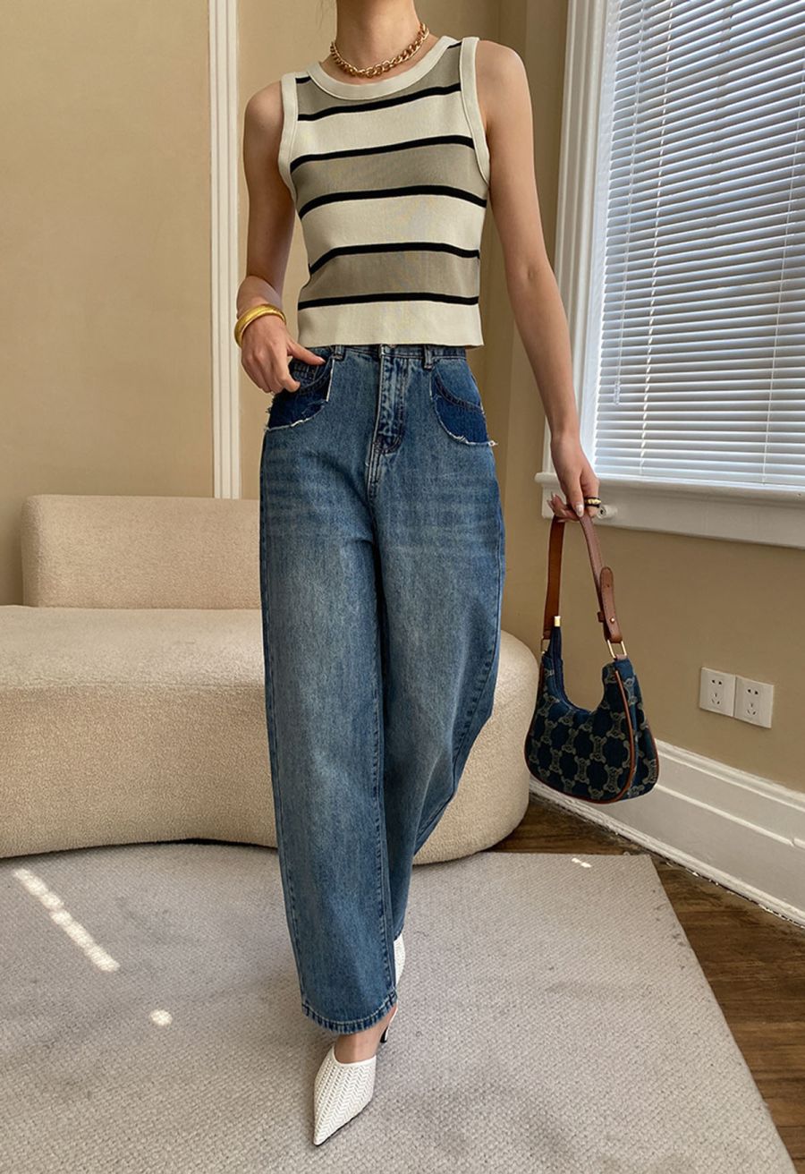 Khaki Striped Knit Tank Top