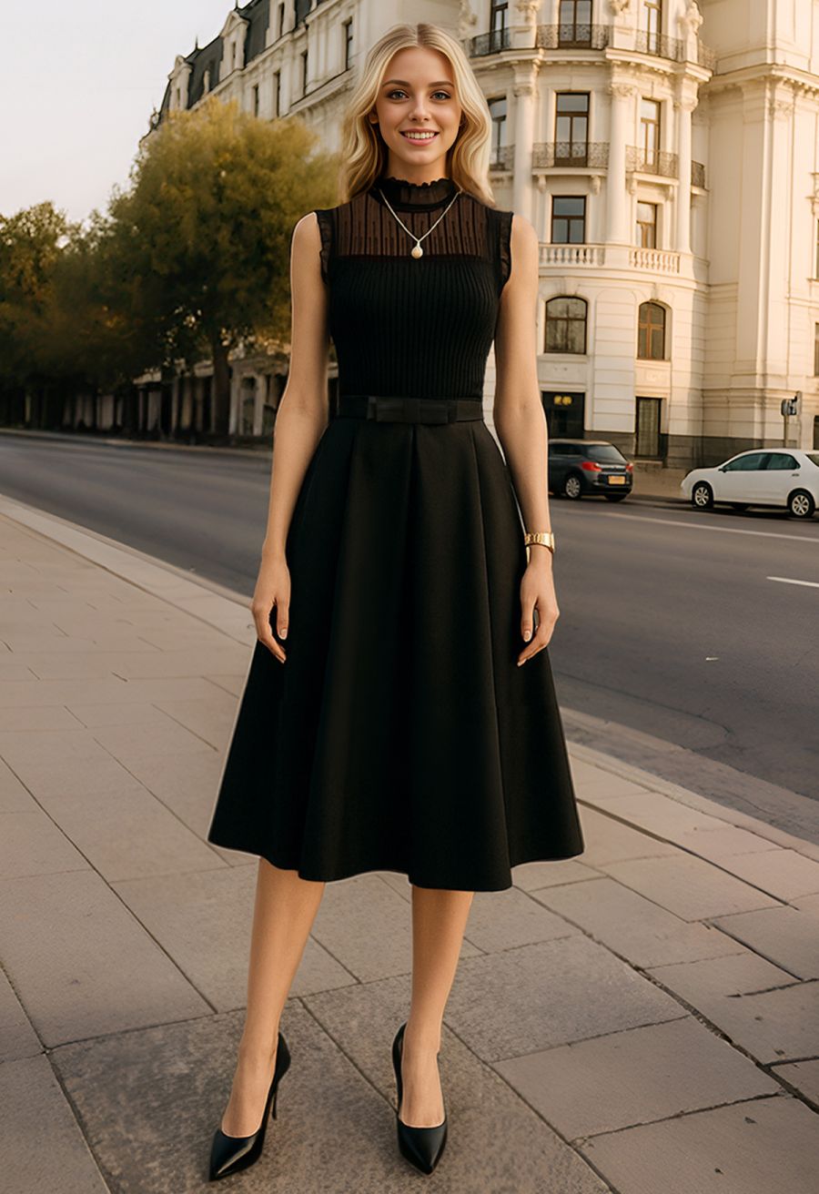 Ruffled Mock Neck Mesh Spliced Knit Top in Black