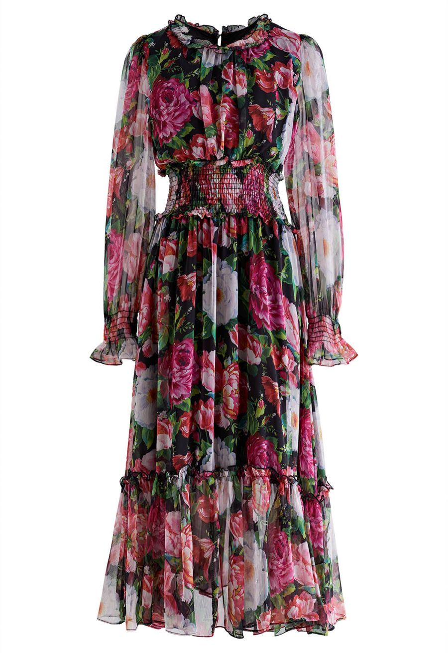 Pink Floral Shirred Waist Chiffon Dress