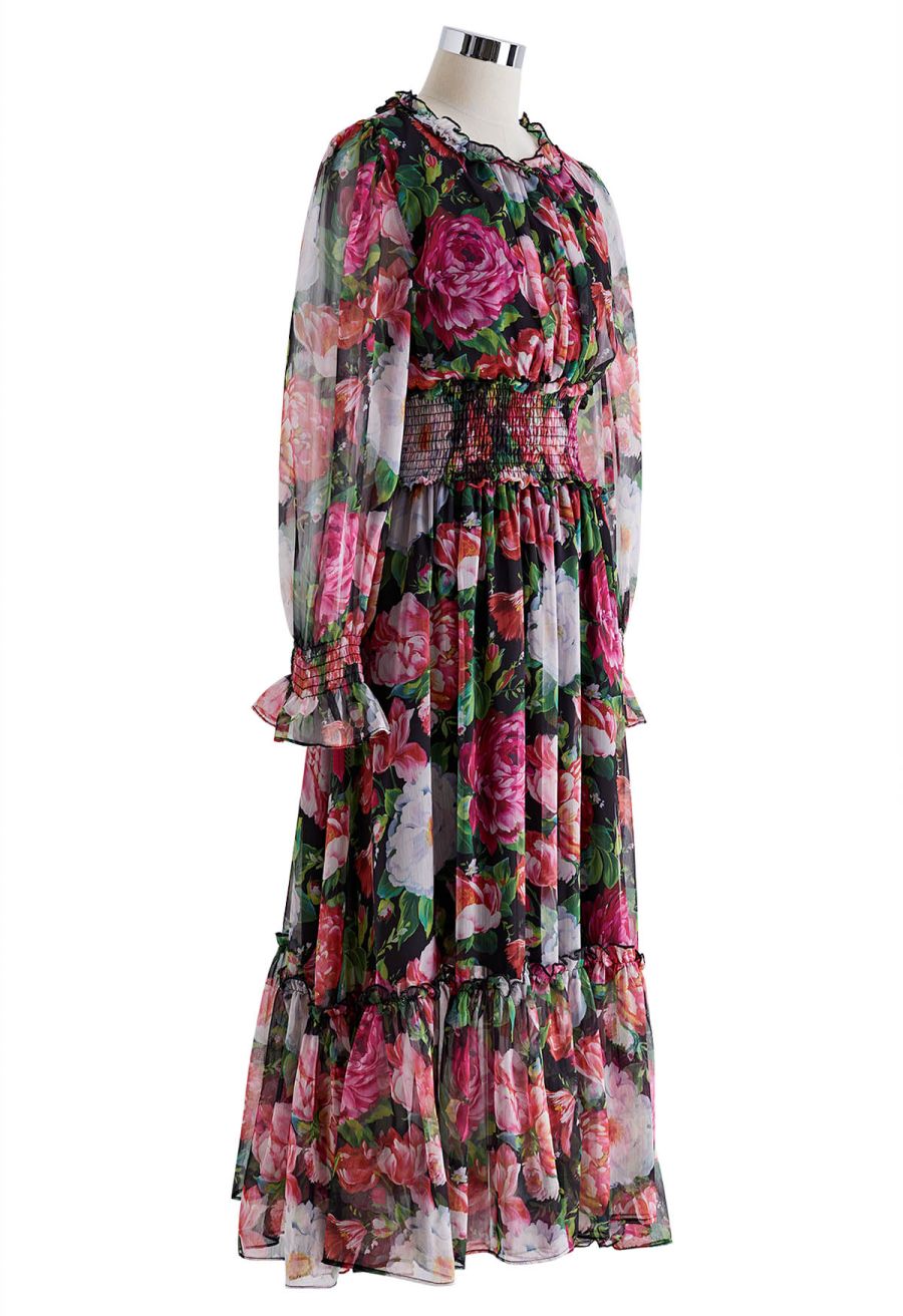 Pink Floral Shirred Waist Chiffon Dress