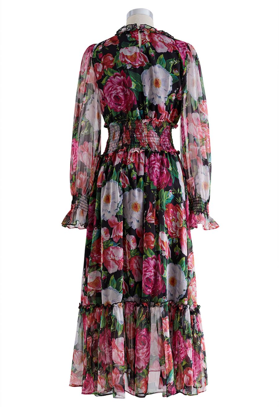 Pink Floral Shirred Waist Chiffon Dress