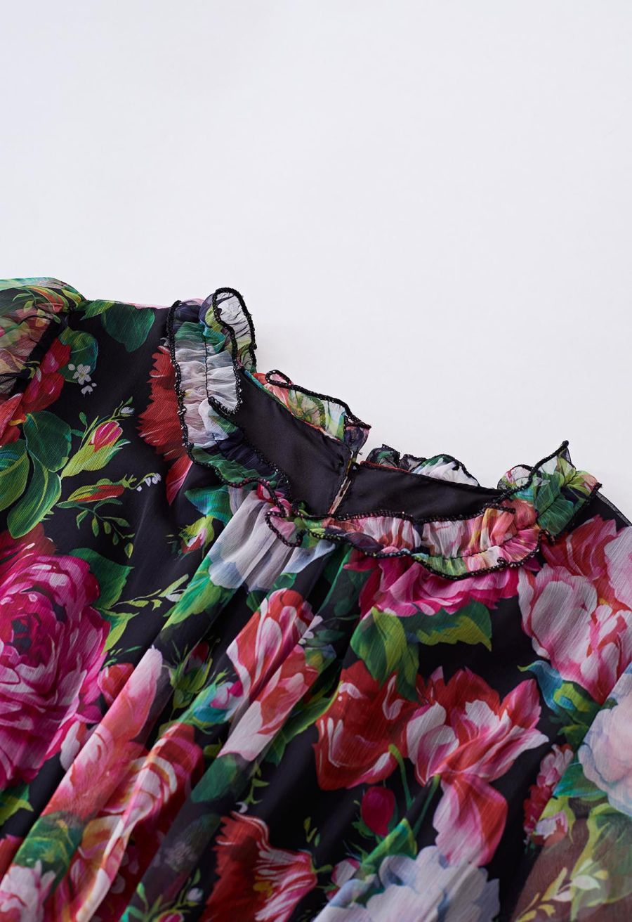 Pink Floral Shirred Waist Chiffon Dress