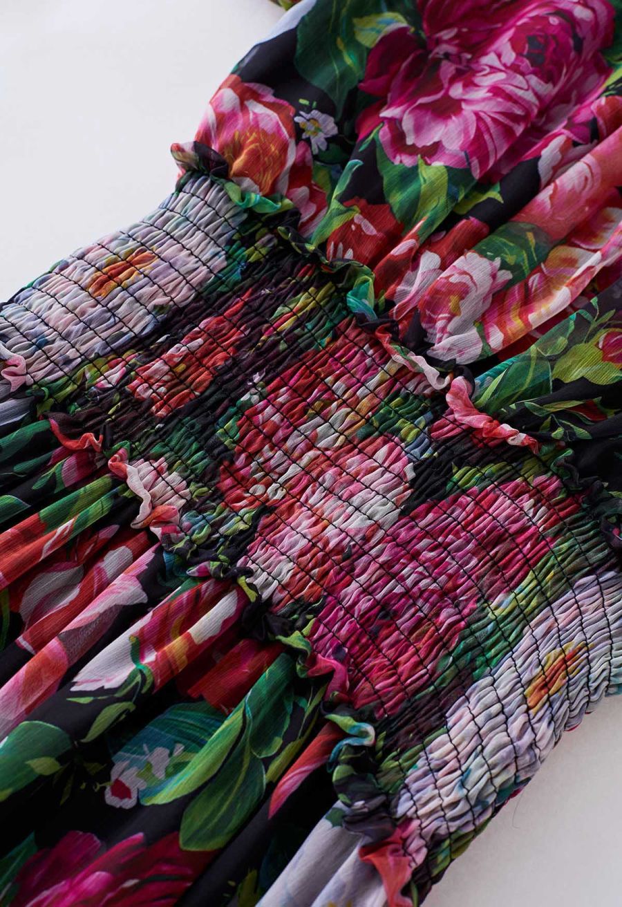 Pink Floral Shirred Waist Chiffon Dress