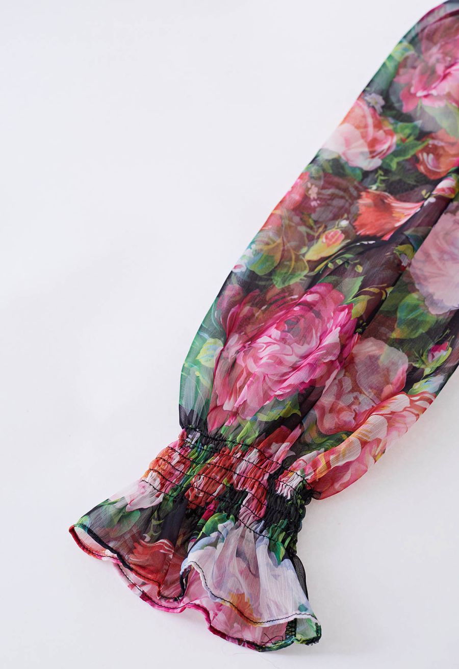 Pink Floral Shirred Waist Chiffon Dress