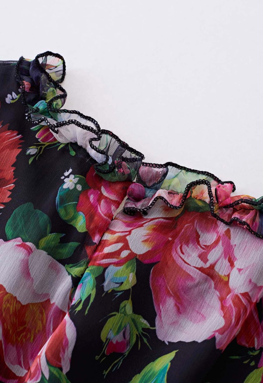 Pink Floral Shirred Waist Chiffon Dress