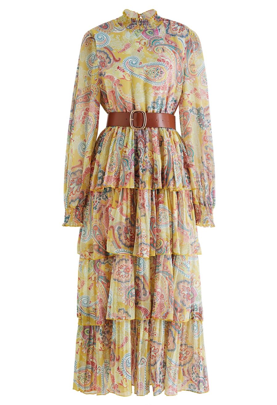 Paisley Printed Belted Tiered Chiffon Dress in Yellow
