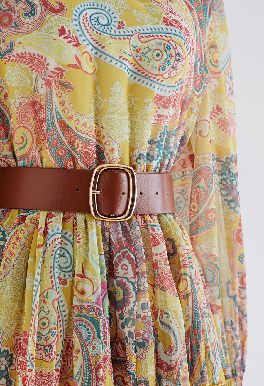 Paisley Printed Belted Tiered Chiffon Dress in Yellow