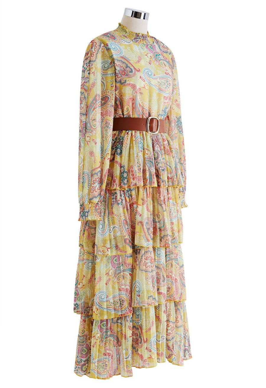 Paisley Printed Belted Tiered Chiffon Dress in Yellow