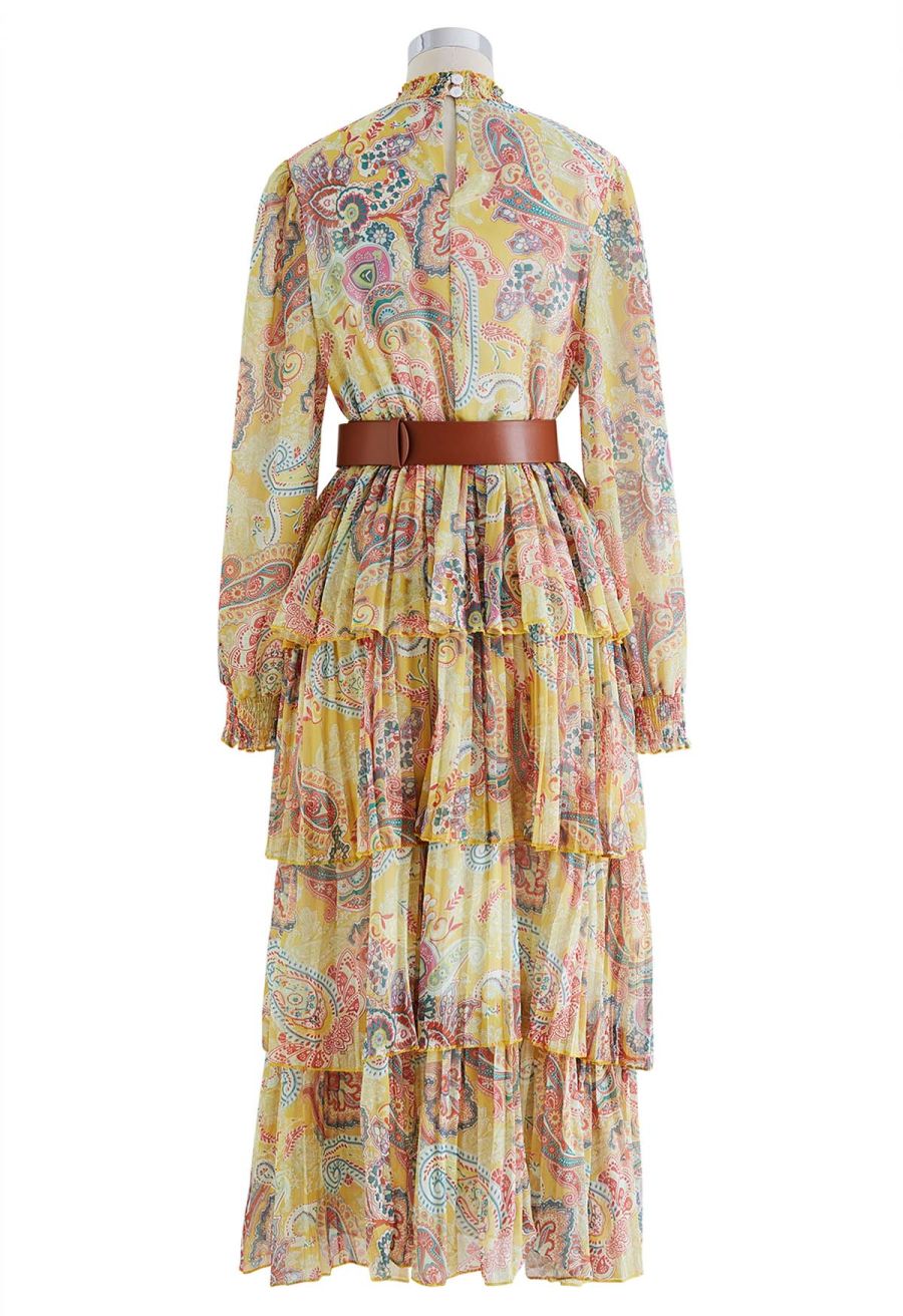 Paisley Printed Belted Tiered Chiffon Dress in Yellow