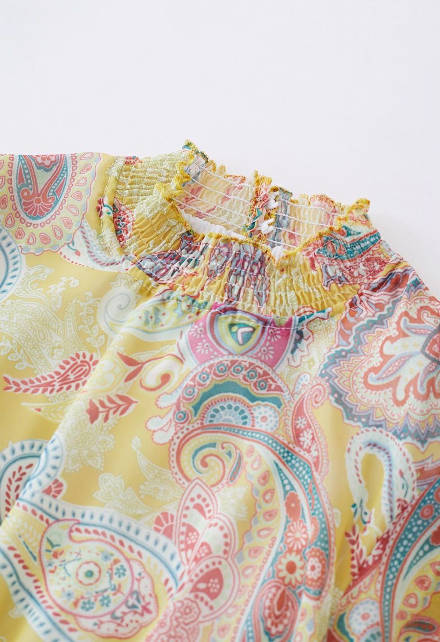 Paisley Printed Belted Tiered Chiffon Dress in Yellow