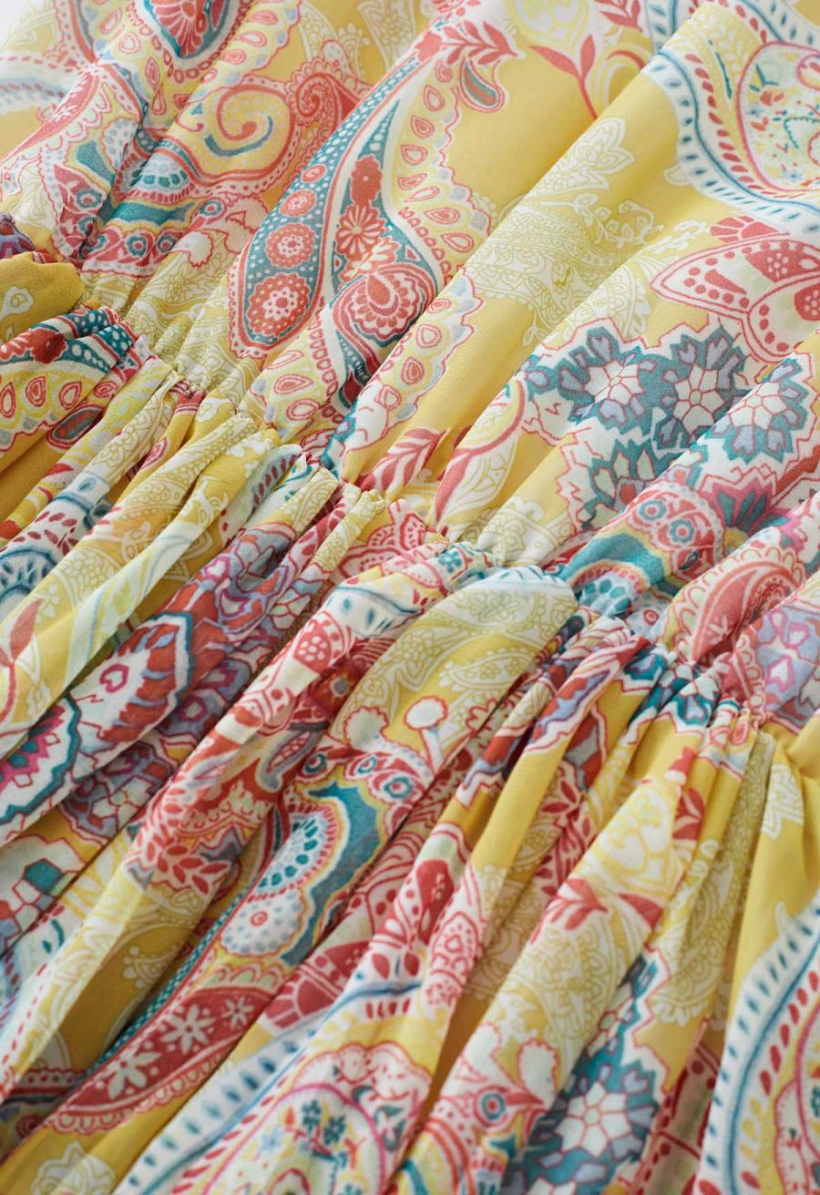 Paisley Printed Belted Tiered Chiffon Dress in Yellow