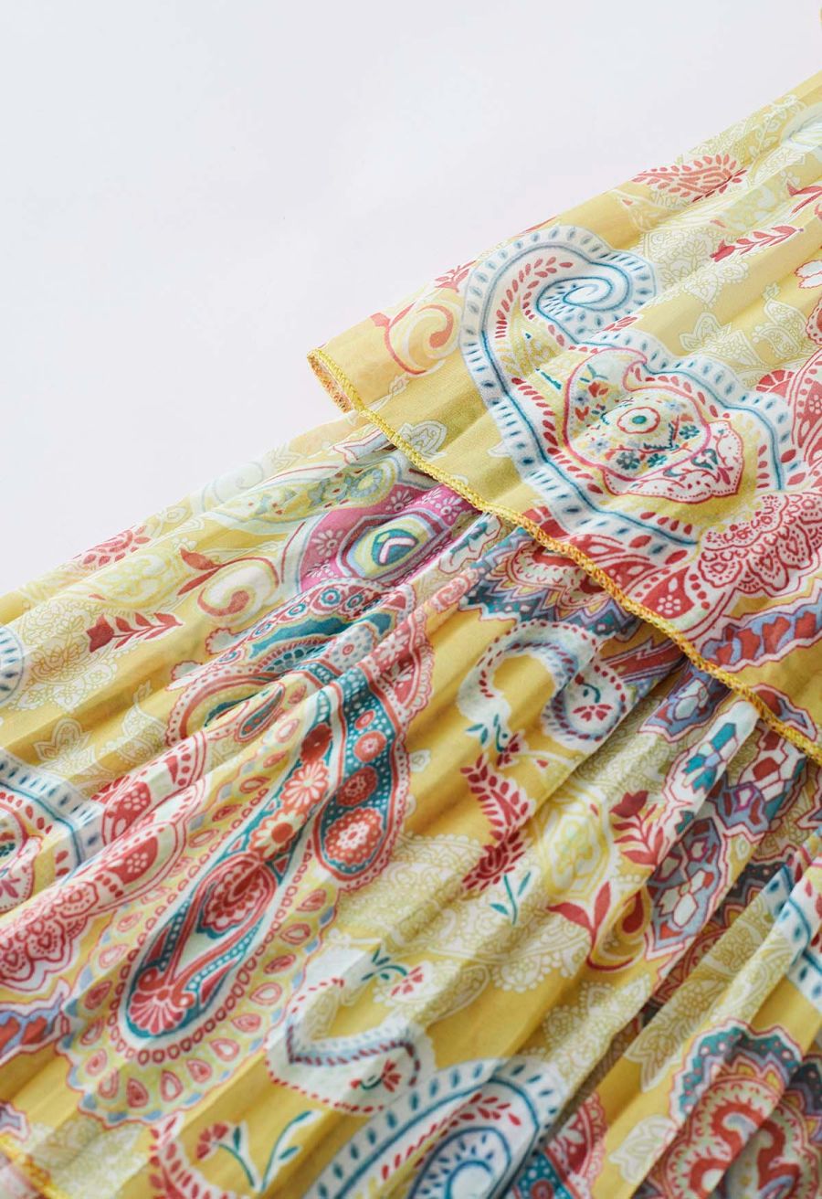 Paisley Printed Belted Tiered Chiffon Dress in Yellow