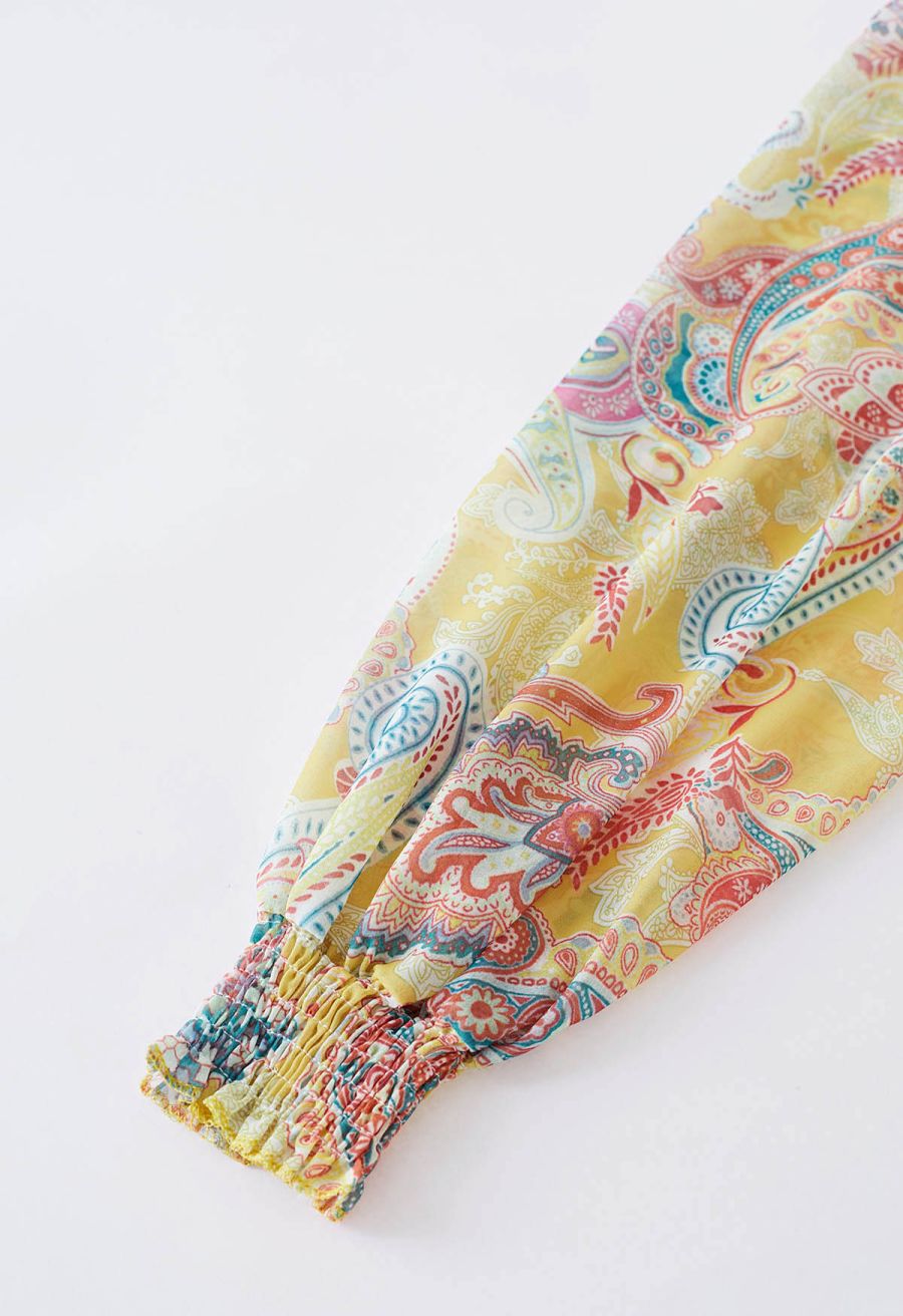 Paisley Printed Belted Tiered Chiffon Dress in Yellow