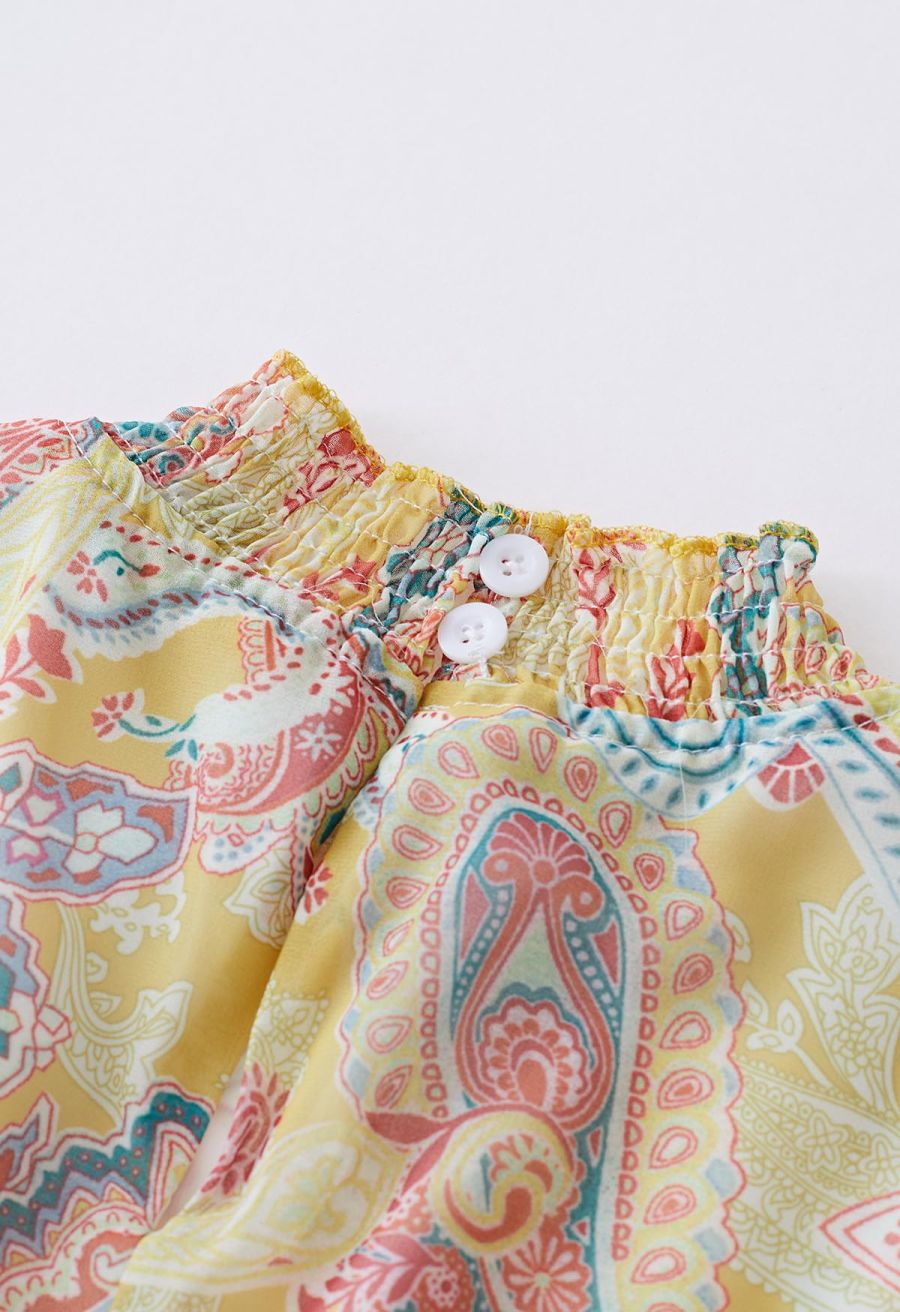 Paisley Printed Belted Tiered Chiffon Dress in Yellow
