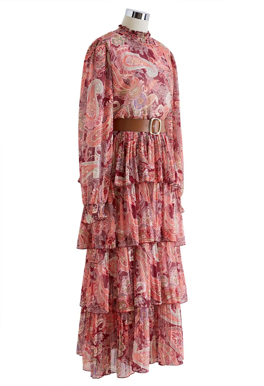Paisley Printed Belted Tiered Chiffon Dress in Red