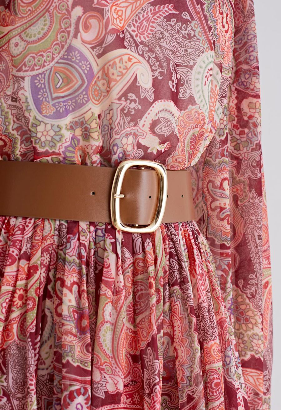 Paisley Printed Belted Tiered Chiffon Dress in Red