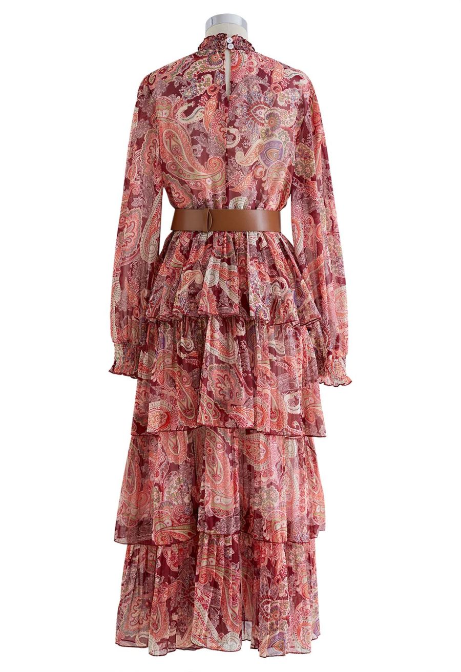 Paisley Printed Belted Tiered Chiffon Dress in Red