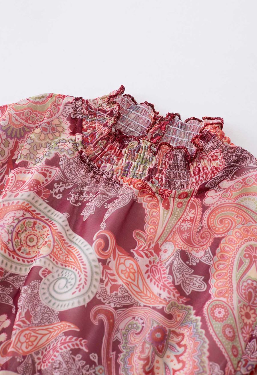 Paisley Printed Belted Tiered Chiffon Dress in Red