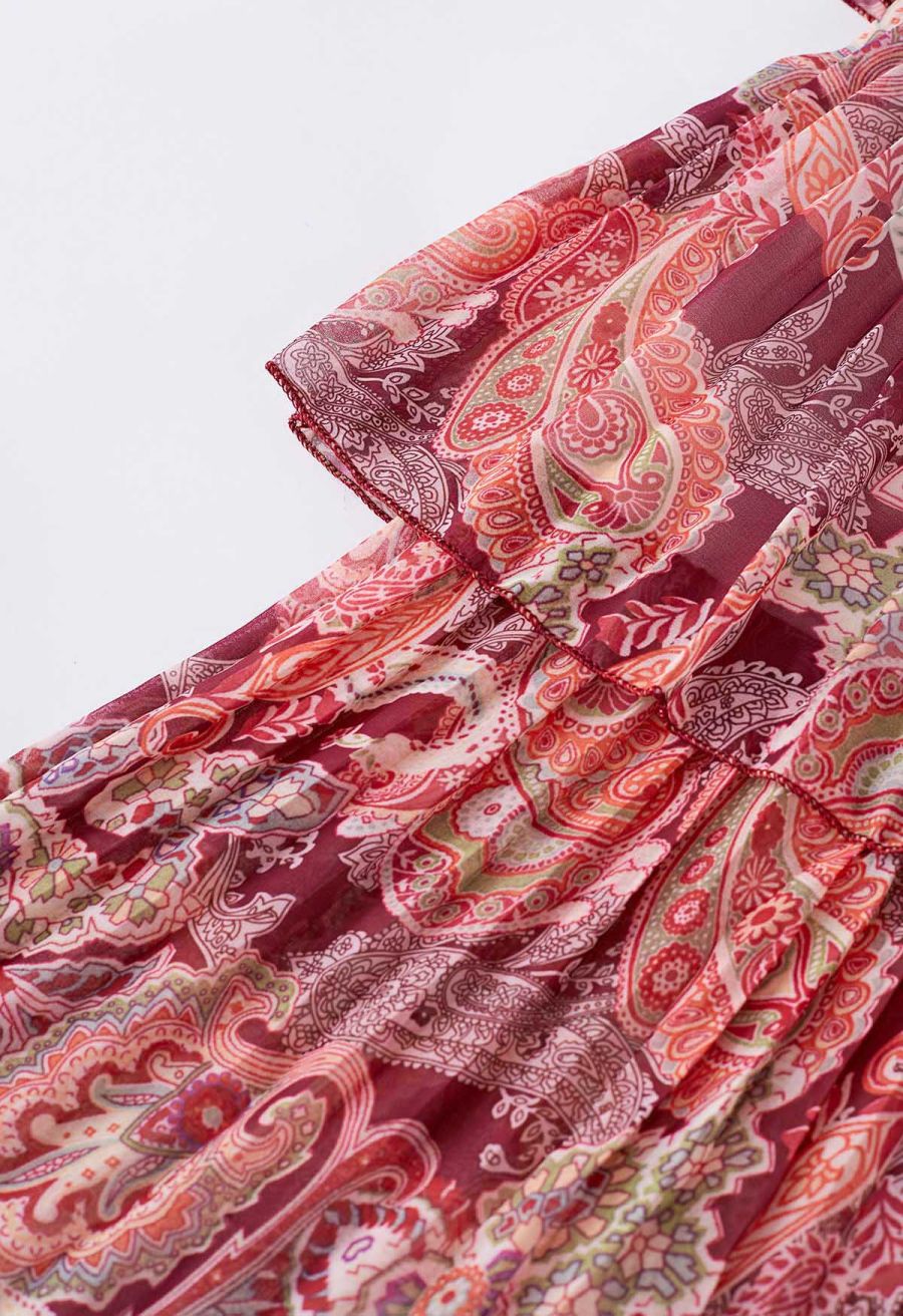 Paisley Printed Belted Tiered Chiffon Dress in Red