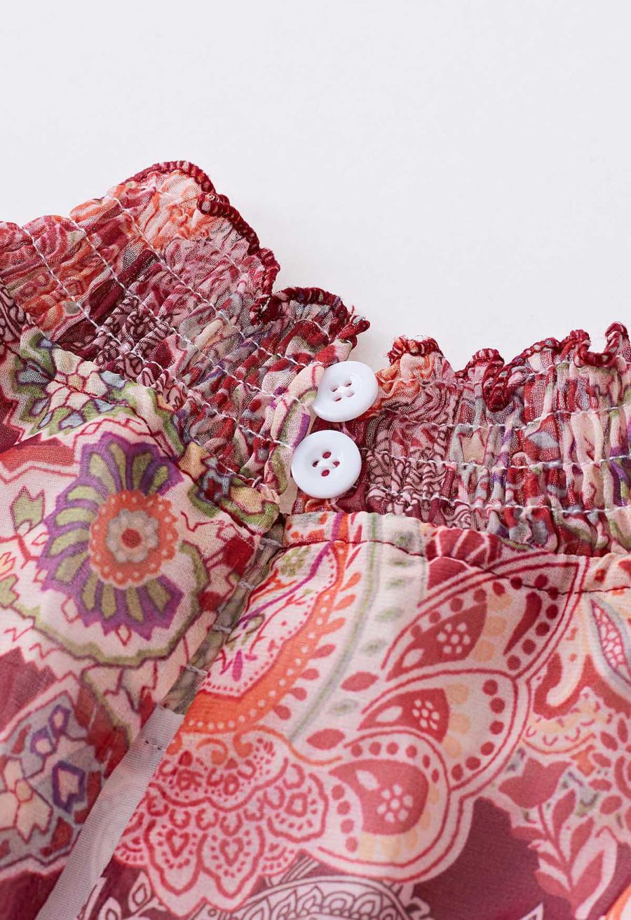 Paisley Printed Belted Tiered Chiffon Dress in Red