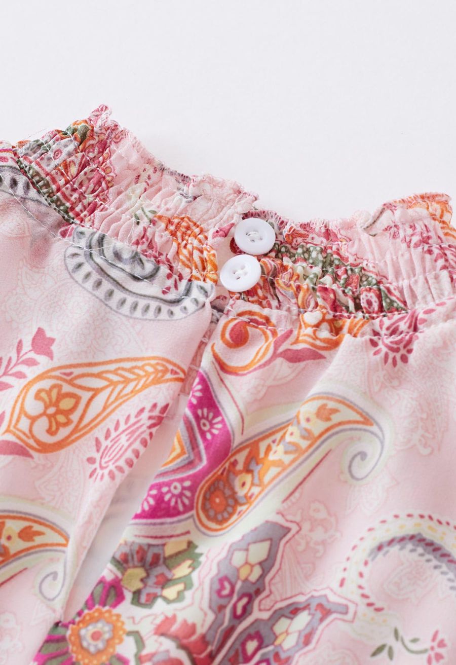 Paisley Printed Belted Tiered Chiffon Dress in Pink